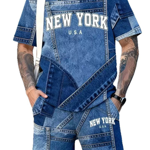Camiseta de Moda Urbana Europea y Americana para Hombre, Top de Manga Corta, Pantalones Cortos, Traje Deportivo Informal de Verano, Imitación de Mezclilla, Cuello Redondo - Product Image 4