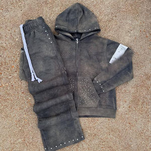 Ensemble de survêtement rouge à capuche pour filles, manches longues, fermeture éclair, détails en strass, couleur unie, ensemble décontracté pour l'automne - Product Image 6