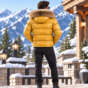 Chaqueta Bomber de Cuero para Hombre con Capucha de Piel de Zorro |   Piumino Lucido para Hombre |   Chaqueta Brillante |   Chaqueta de cuero brillante, estilo Doudoune - Product Image 2