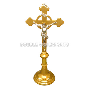Crucifijo de Latón Chapado en Oro |   Cruz Católica de Pie para Altar y Oración – DOUBLE VEE EXPORTS - Product Image 2