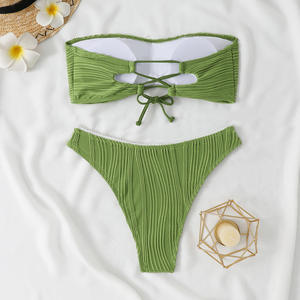 Women's <b>White</b> Ruched Bandeau <b>Bikini</b> <b>Set</b> 2 Piece Solid Stretch Swimwear Hipster Bottoms - Product Image 4