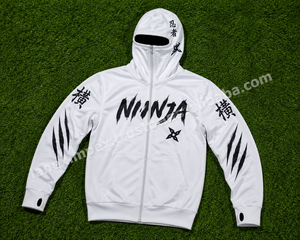 เสื้อฮู้ดดี้แบบมีซิป OEM สีขาวสไตล์นินจาสำหรับผู้ชาย ฮู้ดคู่ สวมหัว สตรีทแวร์ เสื้อกันหนาวสำหรับเล่นกีฬาและสวมใส่ลำลอง - Product Image 6