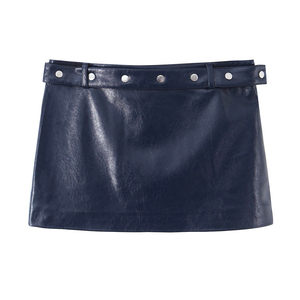 Women's Navy Blue PU Leather <b>Mini</b> Skirt With Belt And Silver Studs Regular Waist Solid Color Straight Design All Seasons Wear - Product Image 1