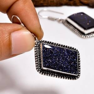Boucles d'oreilles pendantes en pierre de grès bleue en forme de losange, faites à la main, en argent sterling, bijoux bohèmes en pierres précieuses, cadeau pour femme - Product Image 5