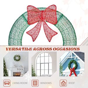 36in Pre-Lit Outdoor Christmas Wreath <b>with</b> Red Bow Lighted Metal Decorative Wreath Remote Control LED <b>Lights</b> <b>Timer</b> - Product Image 3