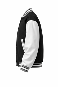Custom <b>Men's</b> <b>Leather</b> Varsity <b>Jacket</b> Two Tone Bomber Style Stand Collar Button Front Embroidered Logo Loose Fit Winter Patchwork - Product Image 6