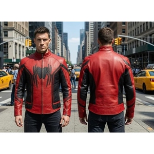 Blouson de motard en cuir rouge et noir personnalisé, blouson de course moto avec motif araignée embossé, col montant, fermeture éclair, streetwear OEM - Product Image 5