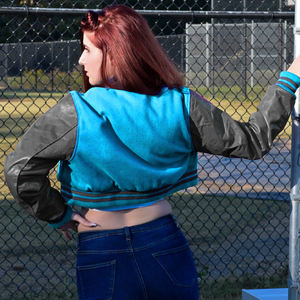 Veste courte universitaire pour femme, style Letterman, gris turquoise, avec manches en similicuir, vêtement d'extérieur décontracté, mode féminine - Product Image 6