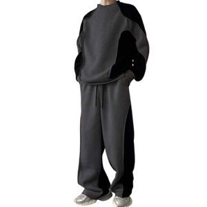 Mens Dark Grey and Black Contrast Piping <b>Crewneck</b> Sweatshirt and Matching Pants Tracksuit OEM ODM Wholesale Apparel - Product Image 1