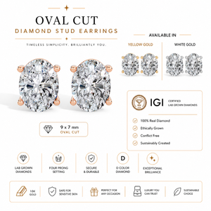 Boucles d'oreilles clous en diamant de laboratoire de qualité supérieure, taille ovale 9x7mm | Solitaire à quatre griffes |   Bijoux élégants en or 10 carats certifiés IGI couleur D - Product Image 3