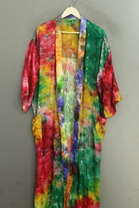 Robe kimono en mousseline tie-dye, longueur genou, coupe ample, col bateau, fermeture à cordon, tenue d'été pour adultes, 100% soie douce - Product Image 5