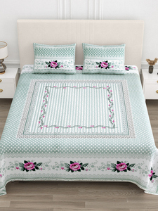 Parure de lit toutes saisons en coton 100% de qualité supérieure, 300 fils/cm², imprimée à la main motif pois verts, avec housses de coussin et housse de couette florales - Product Image 3