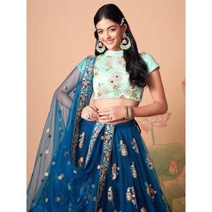 Espectacular Dove Blue Mirror Work Net Event Wear Lehenga Choli - Product Image 5