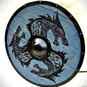 Bouclier Viking en acier au carbone de qualité DIY, motif Dragon Noir, avec poignée en bois et pointes centrales, personnalisable, par Ahmad Fabric Blue Plywood - Product Image 6