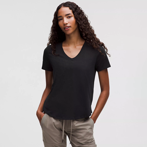 Camiseta de Manga Corta con Cuello en V y Dobladillo Curvo para Mujer, Calidad Premium, 100% Algodón Jersey, Verano, Casual, Sólida, Transpirable - Product Image 1