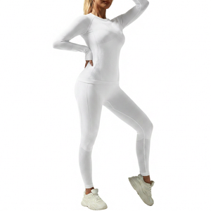Yoga Set Women Full <b>Length</b> <b>Leggings</b> Long Sleeve High Waist Solid Color Contrast Binding Four-Way Stretch Fitness Wear - Product Image 4