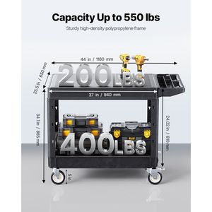 Carrello Utilitario in Plastica Resistente con Capacità di Carico di 250 kg, 94 x 64,5 cm, 2 Ripiani e Ruote Girevoli a 360° - Product Image 3