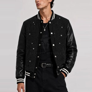 Chaqueta de cuero de invierno para hombre con pedrería, estilo motociclista, cierre completo, cuello alto, forro suave, ropa exterior informal, MOQ bajo - Product Image 5