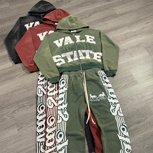 Ensemble streetwear tendance : sweat à capuche en coton délavé et vieilli, pantalon baggy oversize, broderie, impression en relief et strass - Product Image 2
