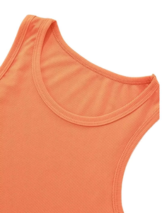 Débardeur court côtelé orange pour femme, col rond, sans manches, couleur unie, respirant, en Spandex/Nylon, coupe ajustée, pour le yoga, avec logo frontal - Product Image 3