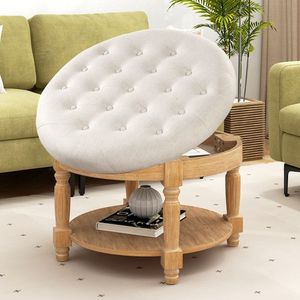29-Inch Large Round Tufted Footrest Ottoman 2-Tier Coffee <b>Table</b> <b>with</b> Flip-Up Top Upholstered <b>Stools</b> & Ottomans - Product Image 3