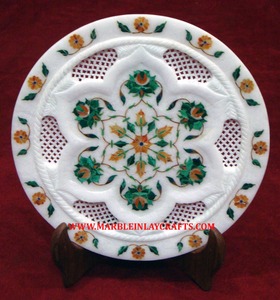 Beautiful Handmade <b>White</b> Marble <b>Round</b> Shape Floral Inlay And Carving Work Decorative Plate For Wedding And Birthday Gifted - Product Image 5