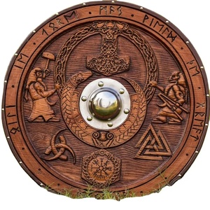 Bouclier Viking en Bois Brun Sculpté avec Motif Celtique et Centre Métallique, Qualité DIY, Personnalisable, Décoration Extérieure - Product Image 1