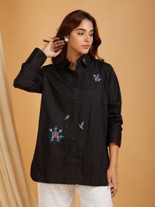 Chemise en coton noir brodée à manches longues, coupe ample, col rabattu, tenue décontractée pour tous les jours, toutes saisons, belle robe - Product Image 3