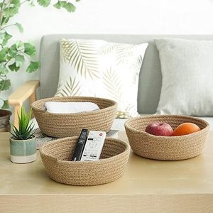 Ensemble de 3 paniers de rangement en corde de jute tressée à la main, finition naturelle avec poignées en cuir, pour le rangement et l'organisation - Product Image 2