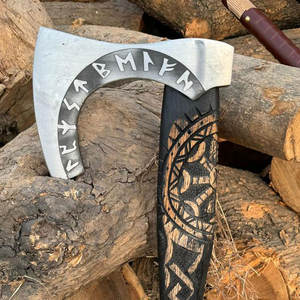 Hache viking de qualité industrielle nordique, lame en acier au carbone gravée, manche en bois sculpté, pour décoration murale et usage de survie - Product Image 5