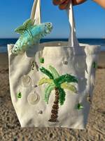 Sac fourre-tout en toile fait main KANT K Fashion, thème océan, orné de perles