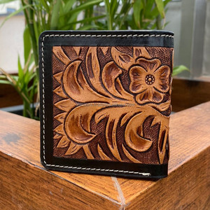 กระเป๋าสตางค์แบบพับสองทบทำจากหนังแท้สำหรับผู้ชายกระเป๋าสตางค์แบบเย็บด้วยมือลายดอกไม้ตะวันตกทำด้วยมือ - Product Image 3