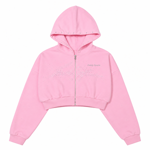 Custom Logo Women's Pink Rhinestone <b>Zip</b> <b>Up</b> <b>Cropped</b> Hoodie Y2K Streetwear Long Sleeve Loose Fleece Short Sweatshirt Wholesale - Product Image 2