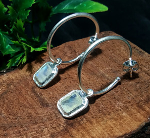 Natural Rainbow Moonstone <b>Hoop</b> <b>Earrings</b> <b>Solid</b> 925 Sterling <b>Silver</b> Handmade Cushion Cut Gemstone Bohemian Style Third Party - Product Image 1
