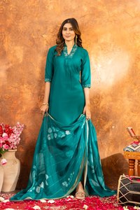 Women's Teal Net Embroidered Floor-Length <b>Kurta</b> Set Floral Dupatta Regular Fit Traditional <b>Indian</b> Pakistani Wedding Wear Quick - Product Image 1
