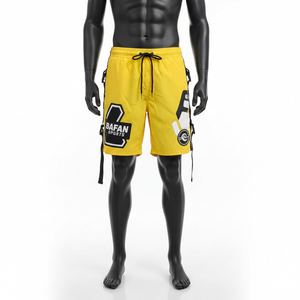 กางเกงว่ายน้ำชายผ้าไมโครไฟเบอร์โพลีเอสเตอร์อย่างดี สีเหลืองสด ด้านข้างมีสายรัดแบบคาร์โก้ พิมพ์ลายโลโก้ด้วยเทคนิคฮีททรานเฟอร์ - Product Image 6