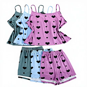 Ensemble pyjama 2 pièces grande taille pour femme, style vintage, en jersey thermique, confortable, avec débardeur et short à taille élastique, coloris bleu, vert, violet, doux - Product Image 1