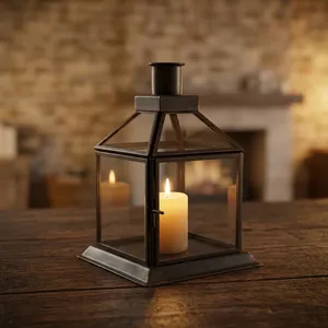 Lanterne en fer artisanale au design unique avec finition noire et panneaux en verre, modèle L889, pour la décoration de la maison - Product Image 1