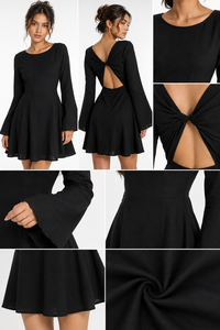 Vestido Mini de Algodón Negro, Diseño Bohemio, Simple, Sólido, Manga Larga, Espalda Descubierta, Ropa de Fiesta, Elegante, para Damas, OEM Personalizado - Product Image 2