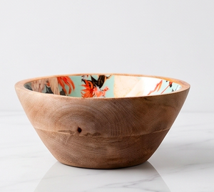 Bol de service moderne en bois avec imprimé floral cygne, intérieur en bois d'acacia, pour fruits et salades, usage domestique - Product Image 3