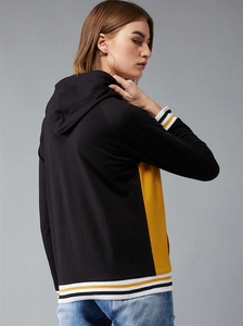 Sudadera con capucha para mujer, amarilla y negra, con bloques de color, manga larga, cremallera, informal, de punto de algodón, para otoño - Product Image 2