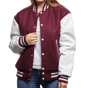 New arrival Women's Varsity Jacket Maroon White Contrast Full Sleeve <b>Button</b> Up Regular Fit Autumn Wear for affordable prices - Product Image 1