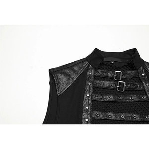 เสื้อกั๊กหนังเทียมสีดำสไตล์โกธิคพังก์ประดับหมุดตาข่ายระบายอากาศสำหรับผู้ชาย - Product Image 4