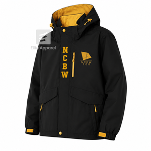 Custom NCBW Coalition Windproof <b>Rain</b> <b>Jacket</b> <b>Black</b> and Gold Polyester Full Sleeve Zipper Front Embroidered Logo - Product Image 2
