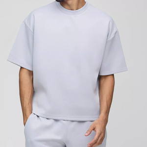 Men's Light Gray Cotton T-Shirt and Shorts Set Crew Neck Solid Color Casual Summer Wear with Logo Print - Product Image 3