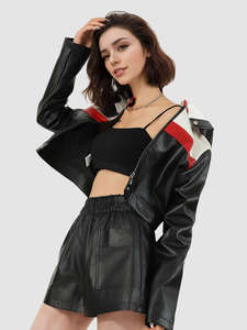 Chaqueta de Mujer, Estilo Punk, Colorblock, con Cierre y Tachuelas, Chaqueta Corta de Cuero PU Estilo Moto, Ropa Exterior Corta Y2K para Mujer - Product Image 3