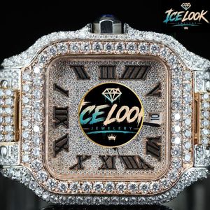 Montre mécanique en acier inoxydable Ice Look, cadran carré, bracelet 20 mm, aiguilles chiffres romains, bijou de luxe avec réserve de marche - Product Image 3