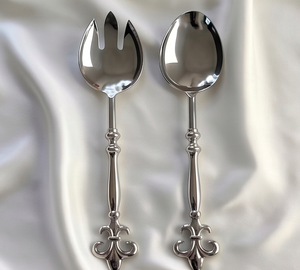 Juego de servidores de ensalada plateados con diseño de Fleur de Lis, acabado pulido espejo, resistente al deslustre, apto para lavavajillas, para banquetes y fiestas. - Product Image 1