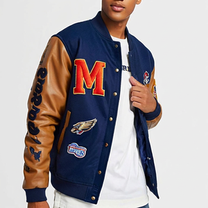Veste de baseball bleue pour homme avec manches en cuir, patch brodé, lettrage BM52, veste bomber Letterman, vente en gros - Product Image 3