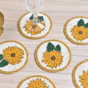 Handmade beaded flower coasters Gold white round bar mats Classic style <b>drinkware</b> <b>accessories</b> Reusable coaster set - Product Image 3